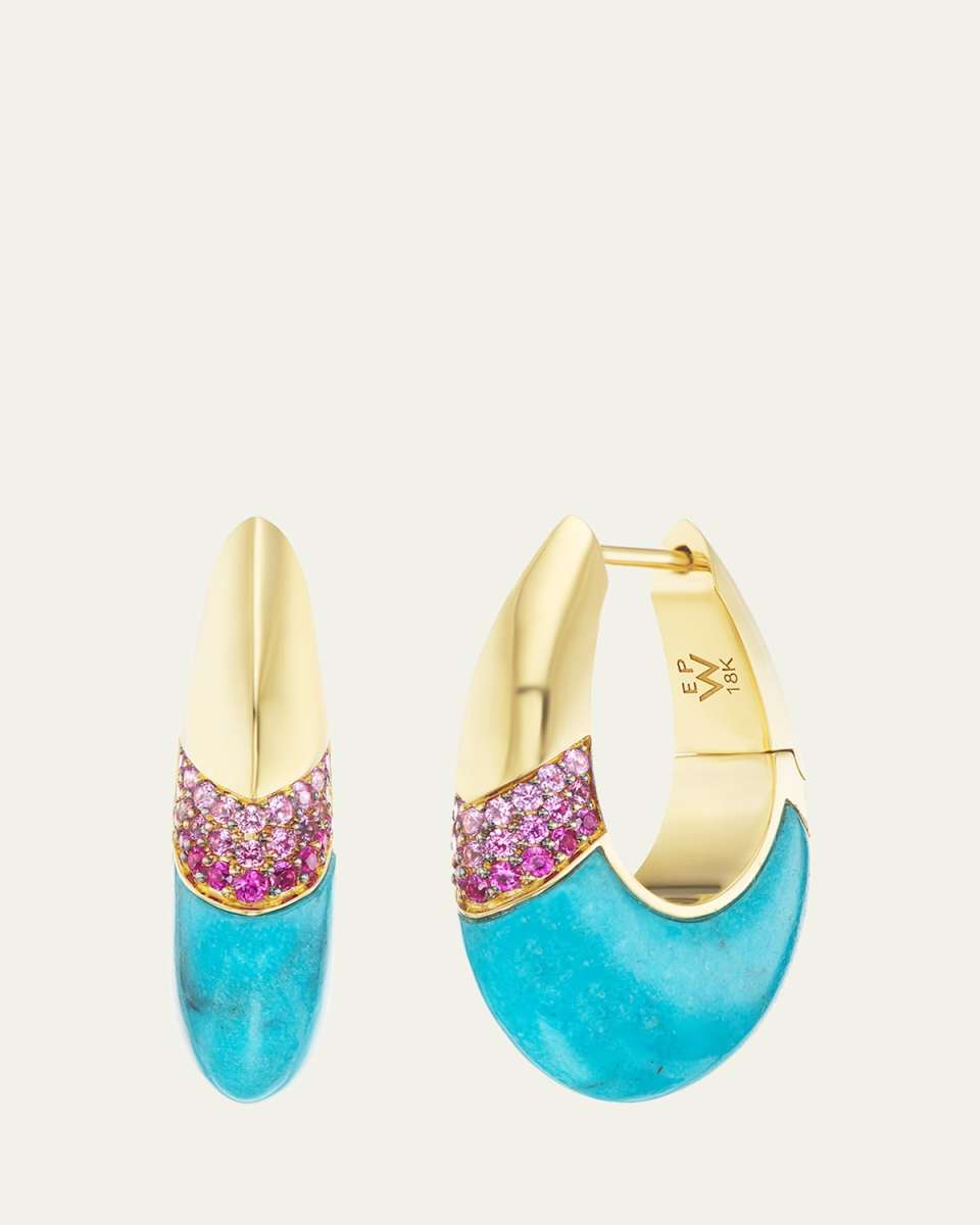 18K Yellow Gold Ombre Oval Earrings with Pink Sapphires and Turquoise